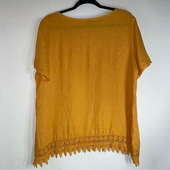 Terzo Millennio L 100% Linen Yellow Short Sleeve Top Lagenlook - Picture 6 of 8